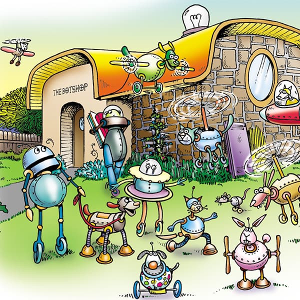 A group shot of a lot of botz in front of Grandpa's workshop